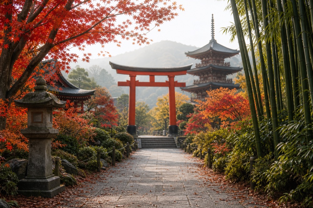 Autumn maple leaves framing a quiet Kyoto temple path