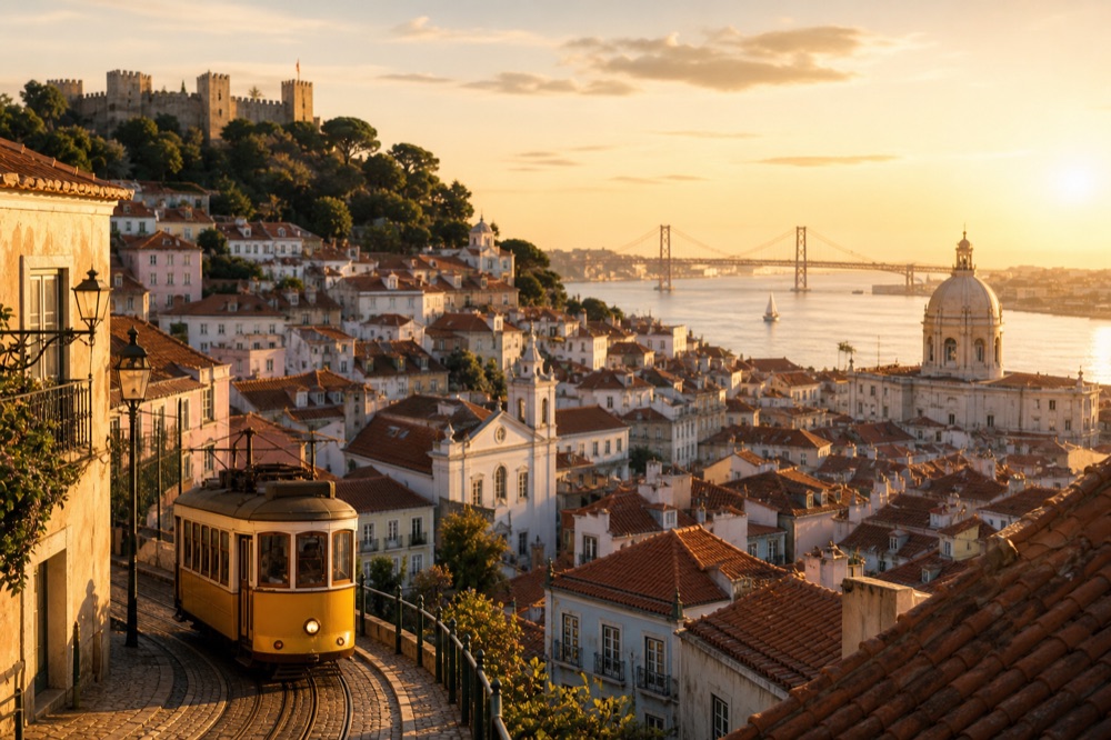 Sunrise over Lisbon's tiled rooftops and the Tagus river