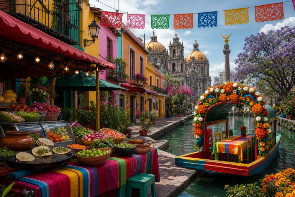 Colorful street-food stalls and murals in Mexico City